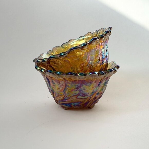 Pair of Indiana Glass Carnival Iridescent Glass Amber Vintage MCM Candle Holders - Picture 3 of 10